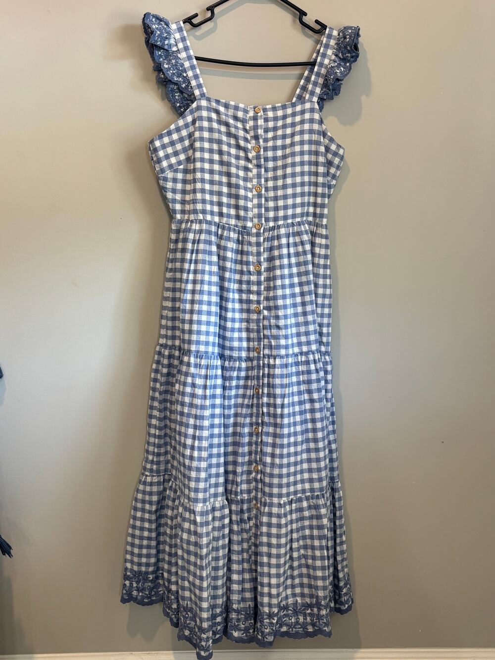 Shabby Chic Blue and White Gingham Ruffle Strap Midi Dress
